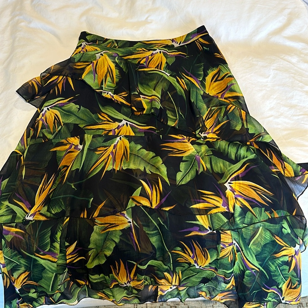 ASOS asymmetrical tropical print skirt with ruffles